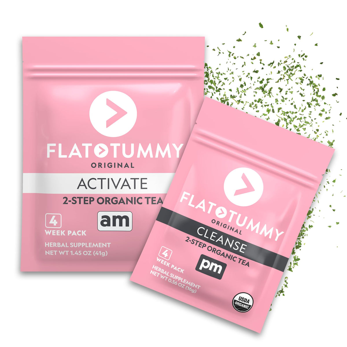 Flat Tummy frente del empaque mostrando el programa de 2 pasos y facilidad de uso