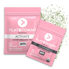 Flat Tummy frente del empaque mostrando el programa de 2 pasos y facilidad de uso
