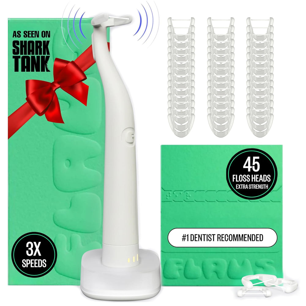 Flaus flosser vista frontal del dispositivo y empaque, beneficio: diseño portátil
