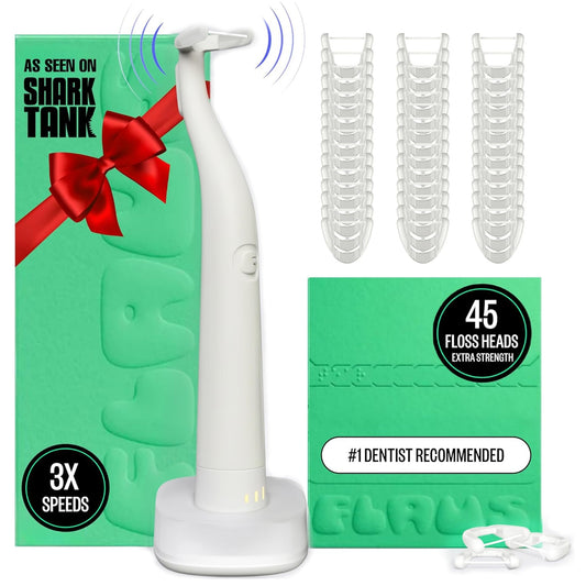 Flaus flosser vista frontal del dispositivo y empaque, beneficio: diseño portátil