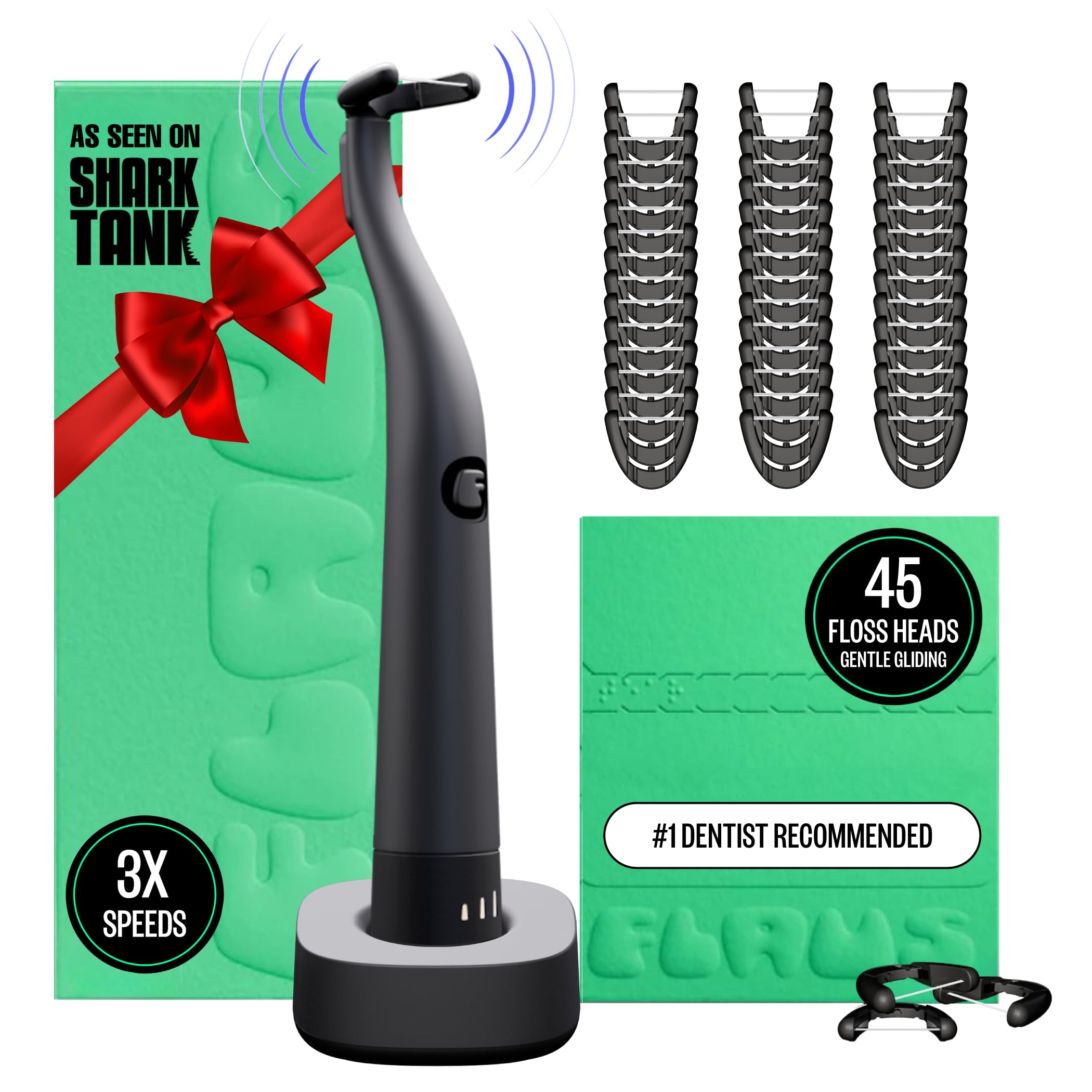 Flaus flosser frontal que muestra diseño portátil y beneficios de limpieza rápida