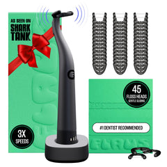 Flaus flosser frontal que muestra diseño portátil y beneficios de limpieza rápida