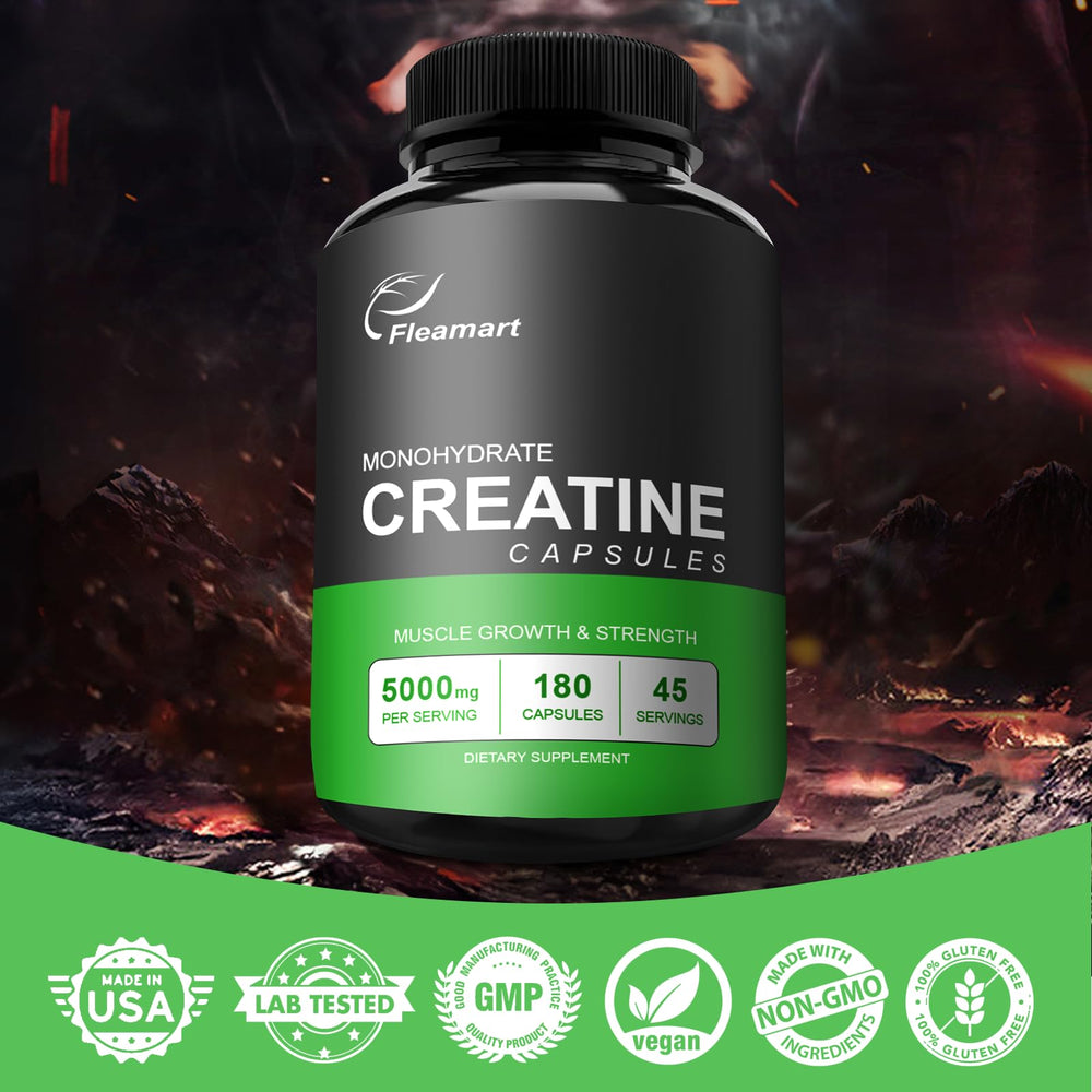Etiqueta frontal de Fleamart Creatina Monohidrato: porción de 5000 mg lista para entrenar