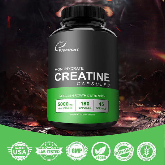 Etiqueta frontal de Fleamart Creatina Monohidrato: porción de 5000 mg lista para entrenar