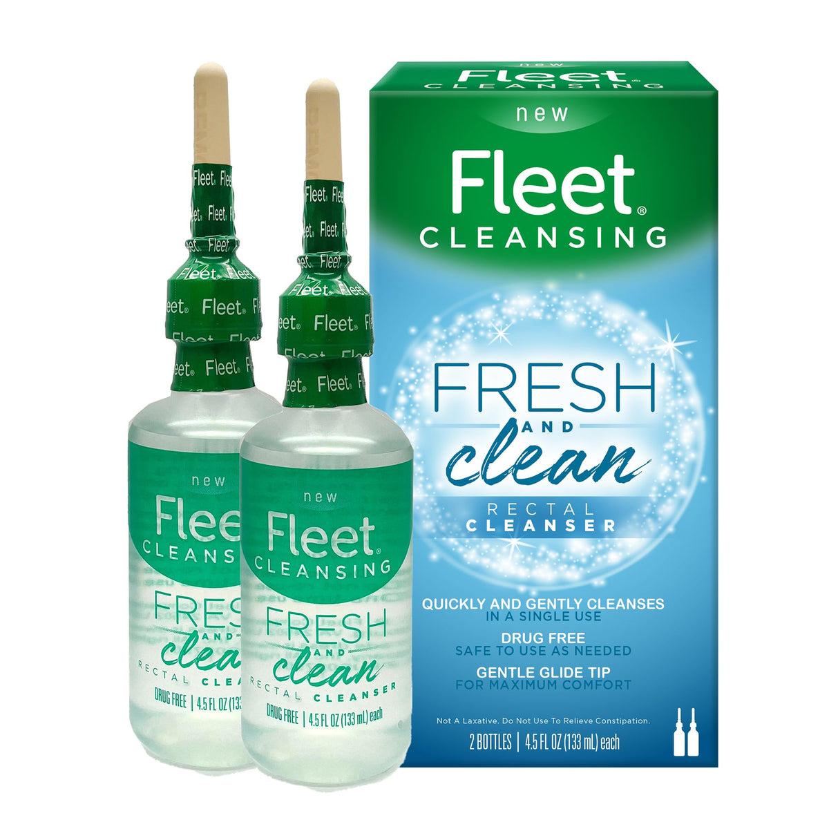 Fleet botella frontal prellenada mostrando etiqueta y beneficio de limpieza rápida