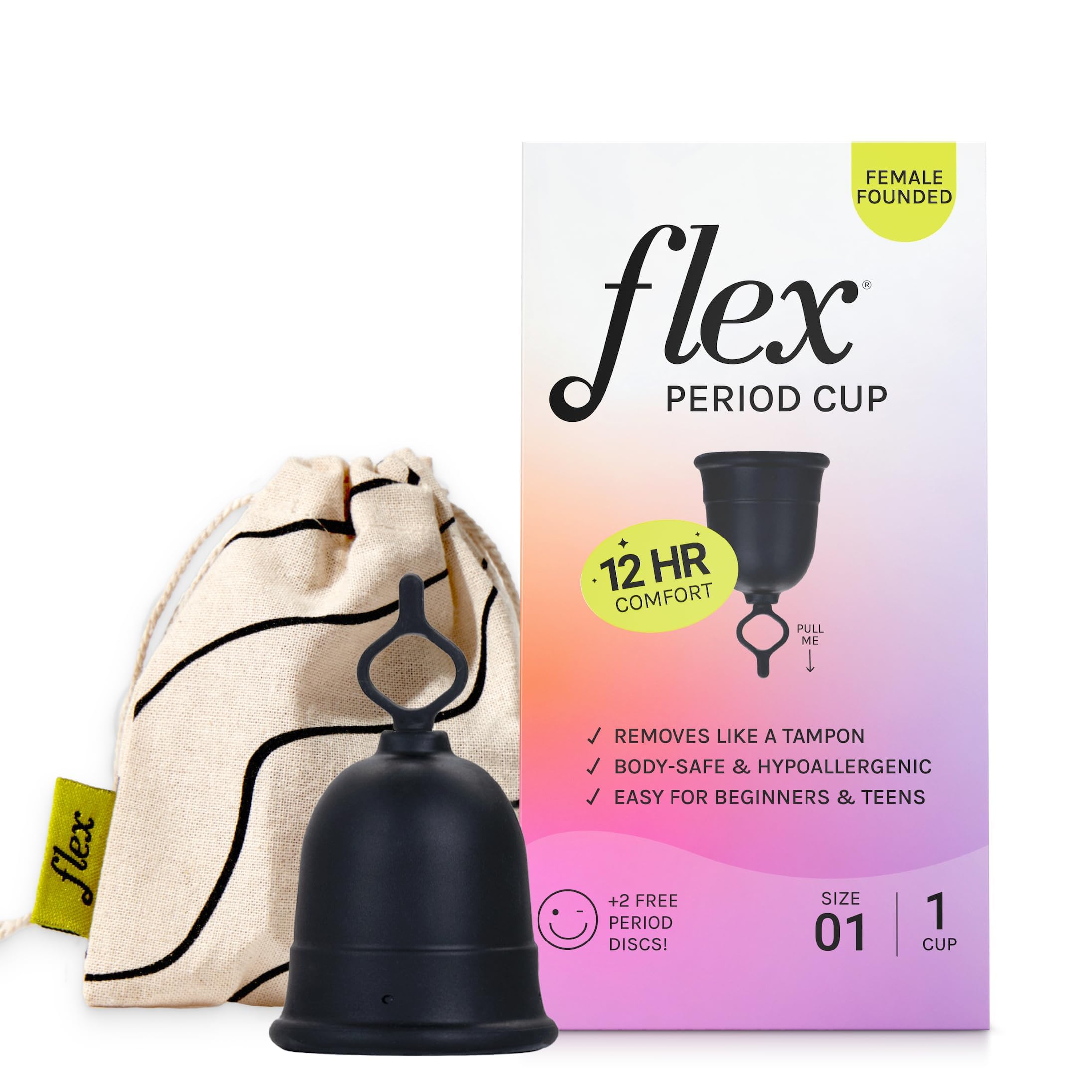 FLEX copa menstrual empaque frontal mostrando kit completo y beneficios