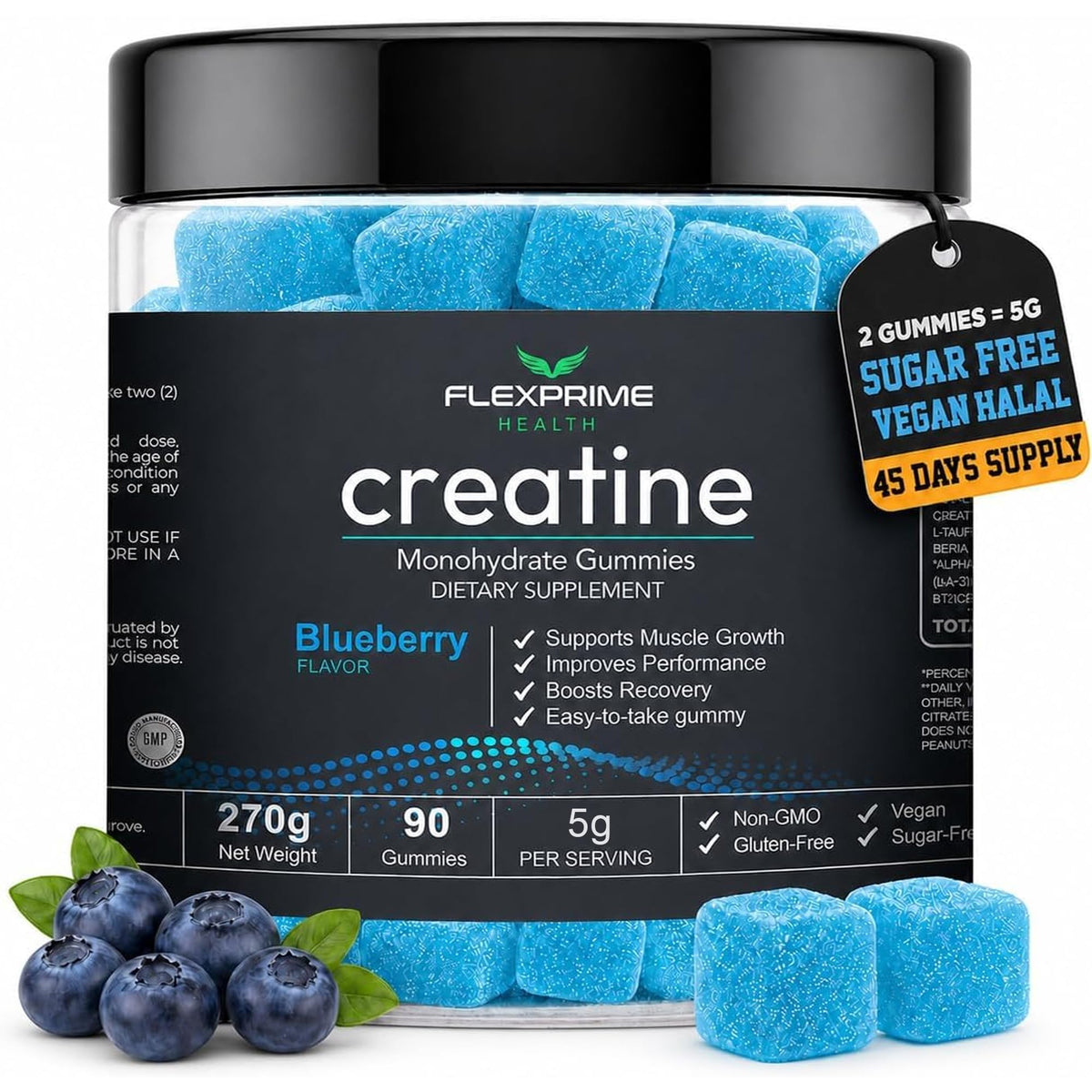 FlexPrime frasco frontal de gomitas creatina muestra envase y beneficio práctico