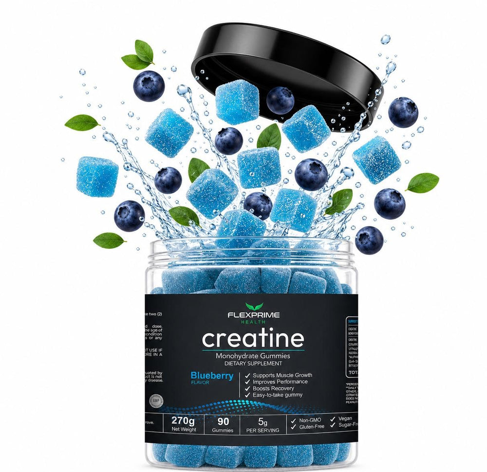Textura de gomita FlexPrime creatina en primer plano, masticable y sin azúcar