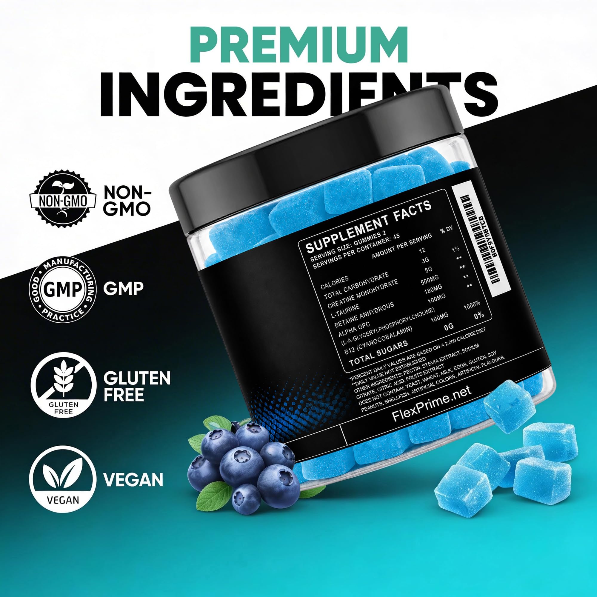 Detalle de una gomita FlexPrime creatina para fácil consumo y conveniencia