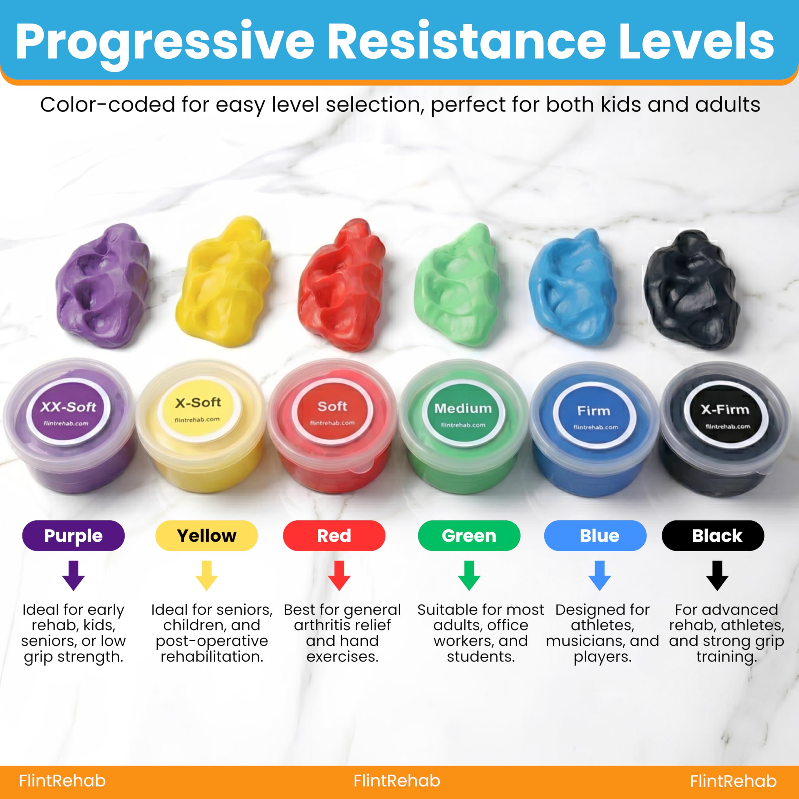 flintrehab tarros de colores alineados que facilitan progresión de fuerza