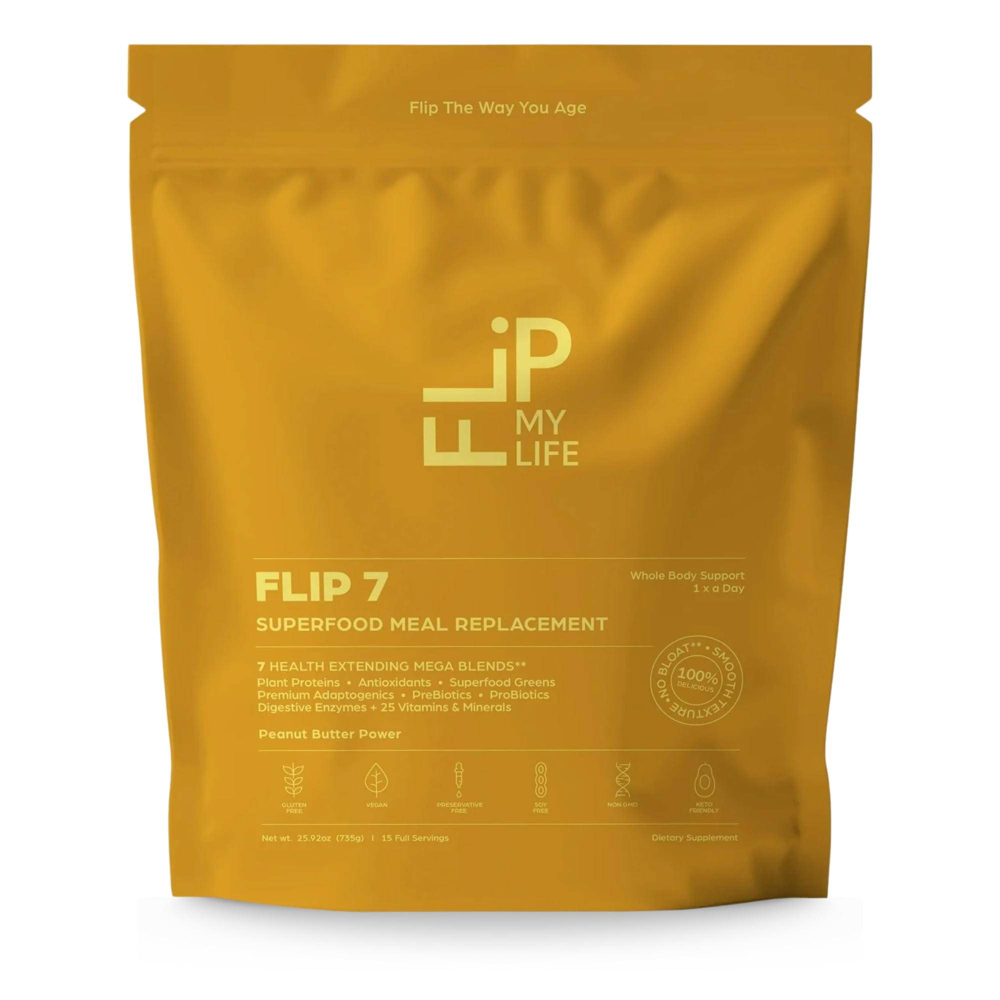 Flip My Life envase frontal Peanut Butter mostrando marca y sabor nutritivo