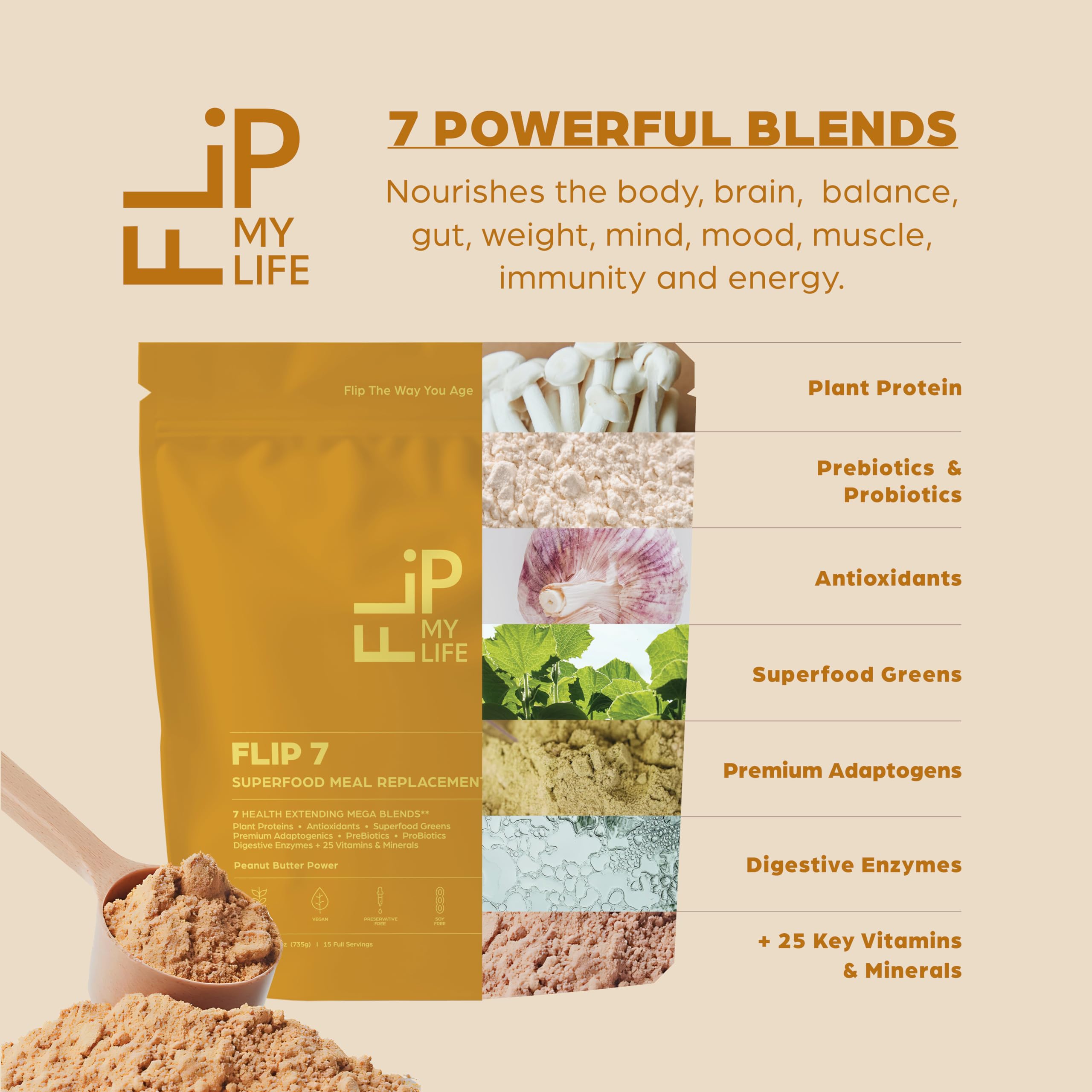 Flip My Life ingredientes superfoods en mesa, variedad de nutrientes visibles