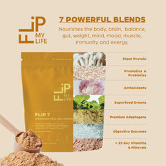 Flip My Life ingredientes superfoods en mesa, variedad de nutrientes visibles