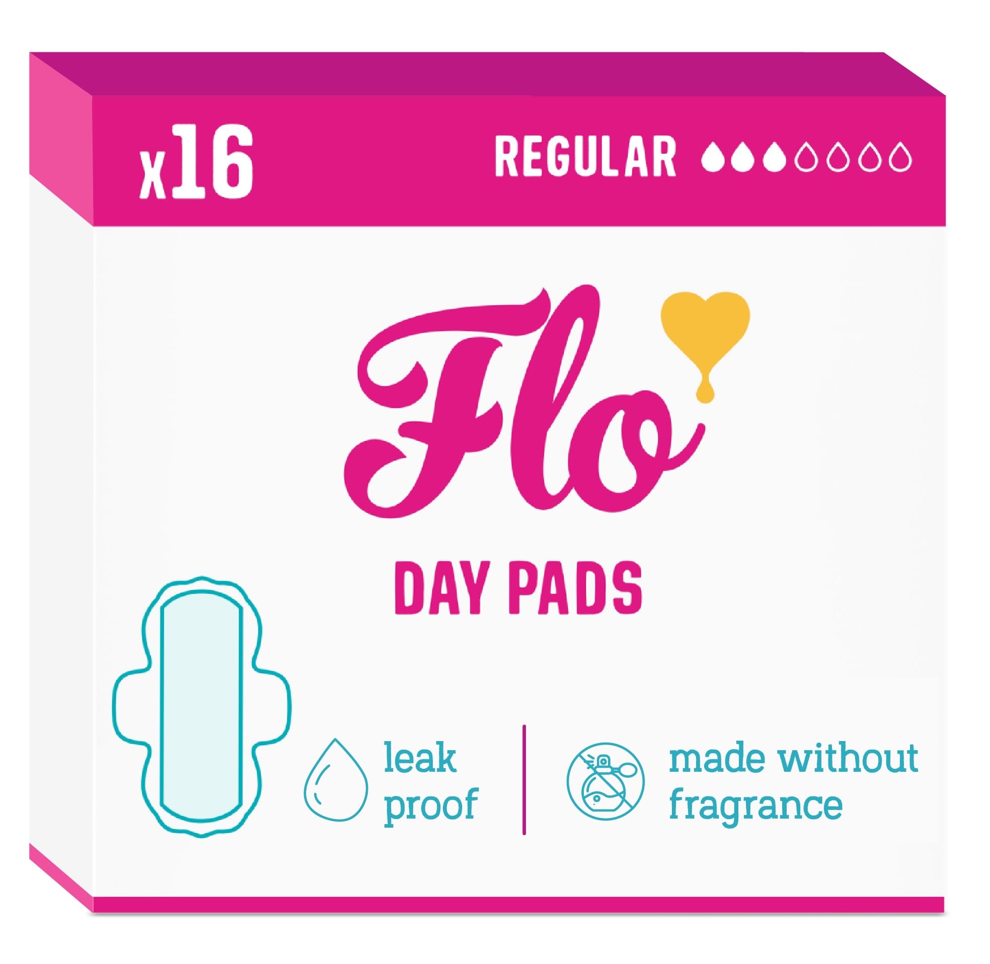 FLO empaque frontal mostrando pack de 16 compresas y beneficio de protección