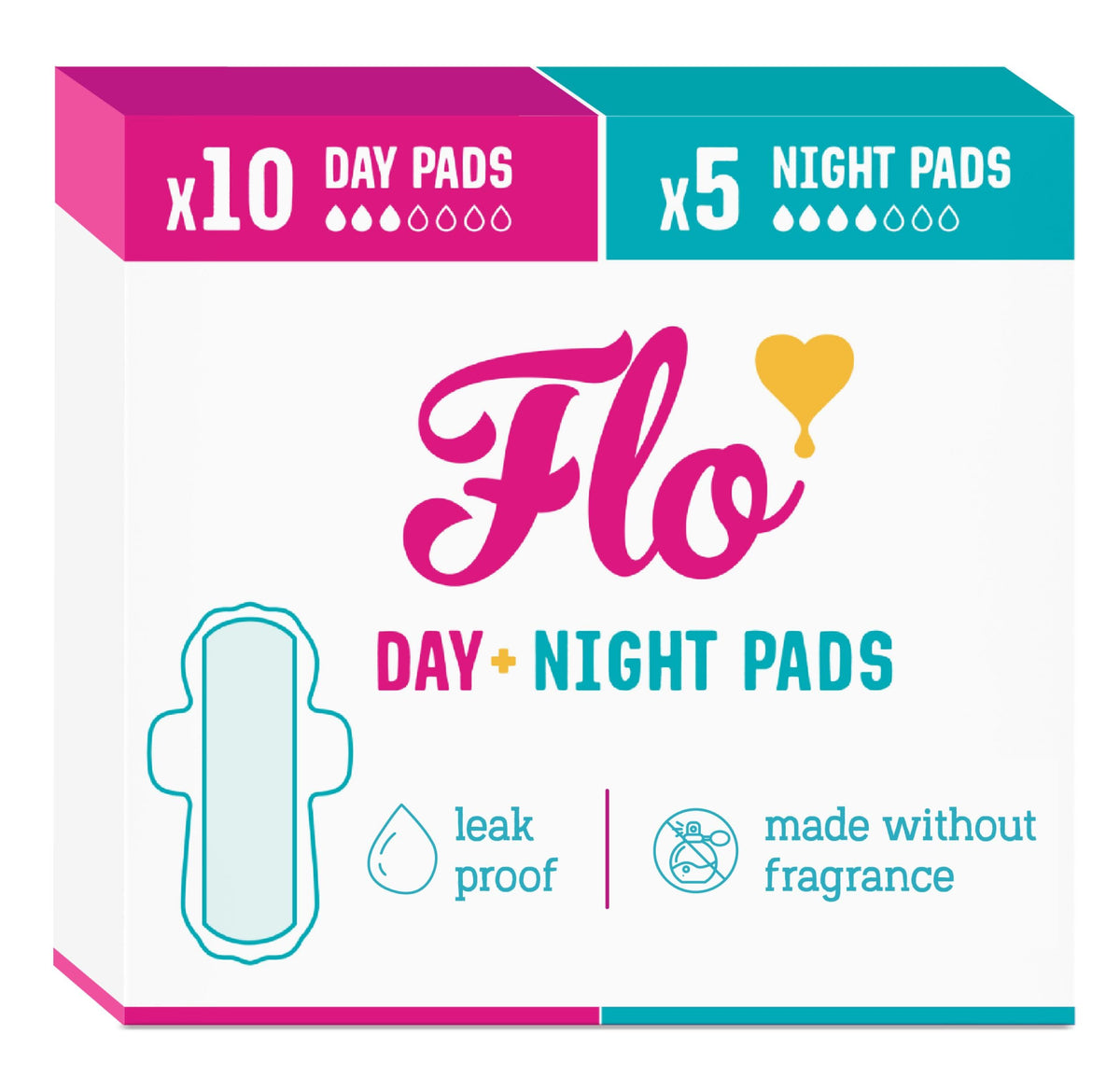 FLO empaque frontal mostrando 10 compresas día y 5 noche, protección clara