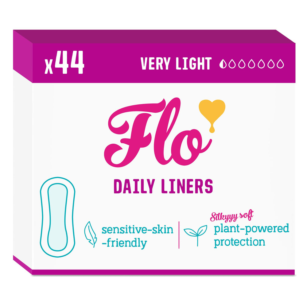 FLO paquete frontal mostrando 44 protectores, discreción y diseño práctico