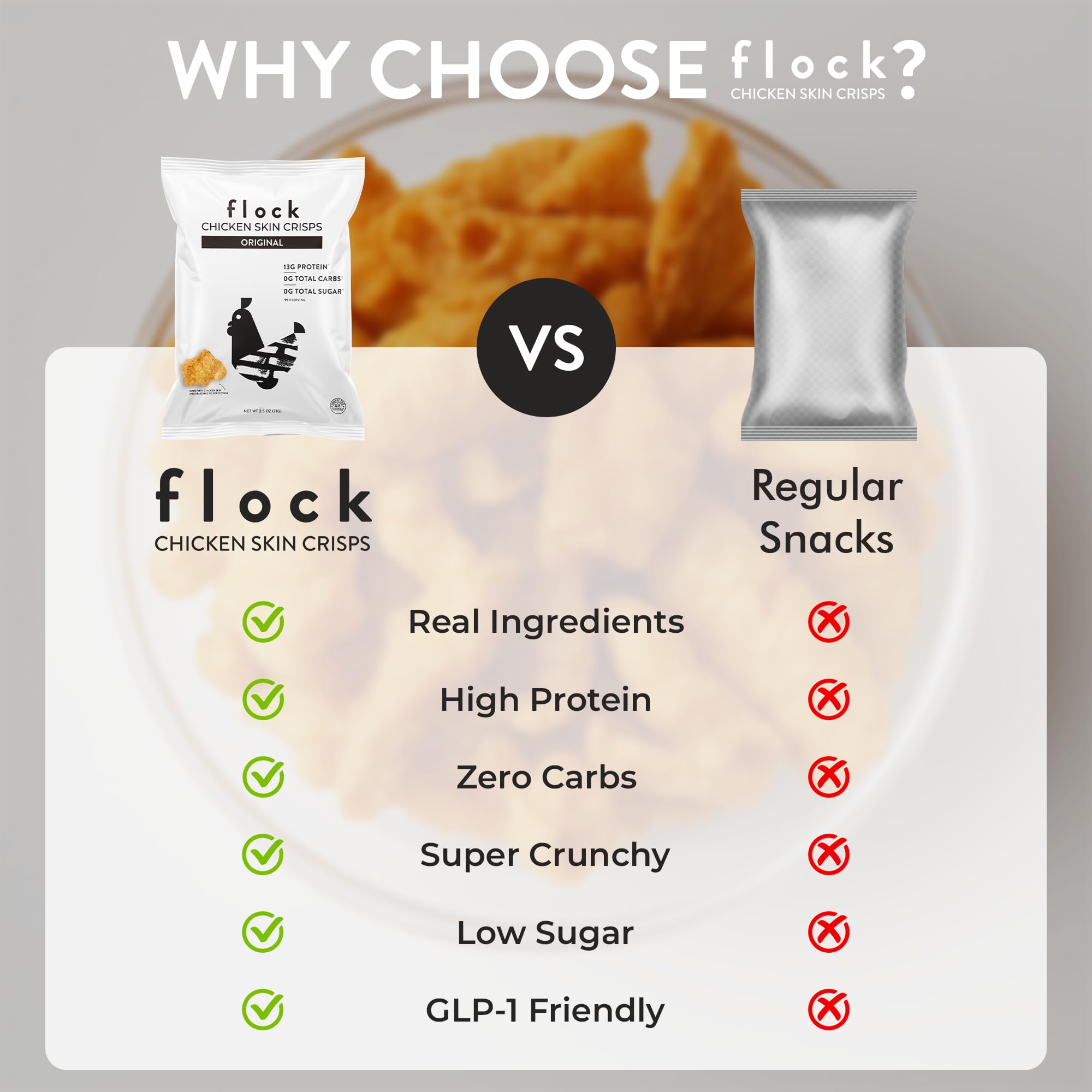 Etiqueta de Flock con información nutricional que resalta 0 g carbohidratos