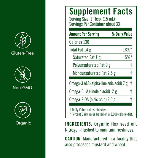 Flora Aceite de Linaza orgánico en frasco ámbar, ideal para aderezos caseros.