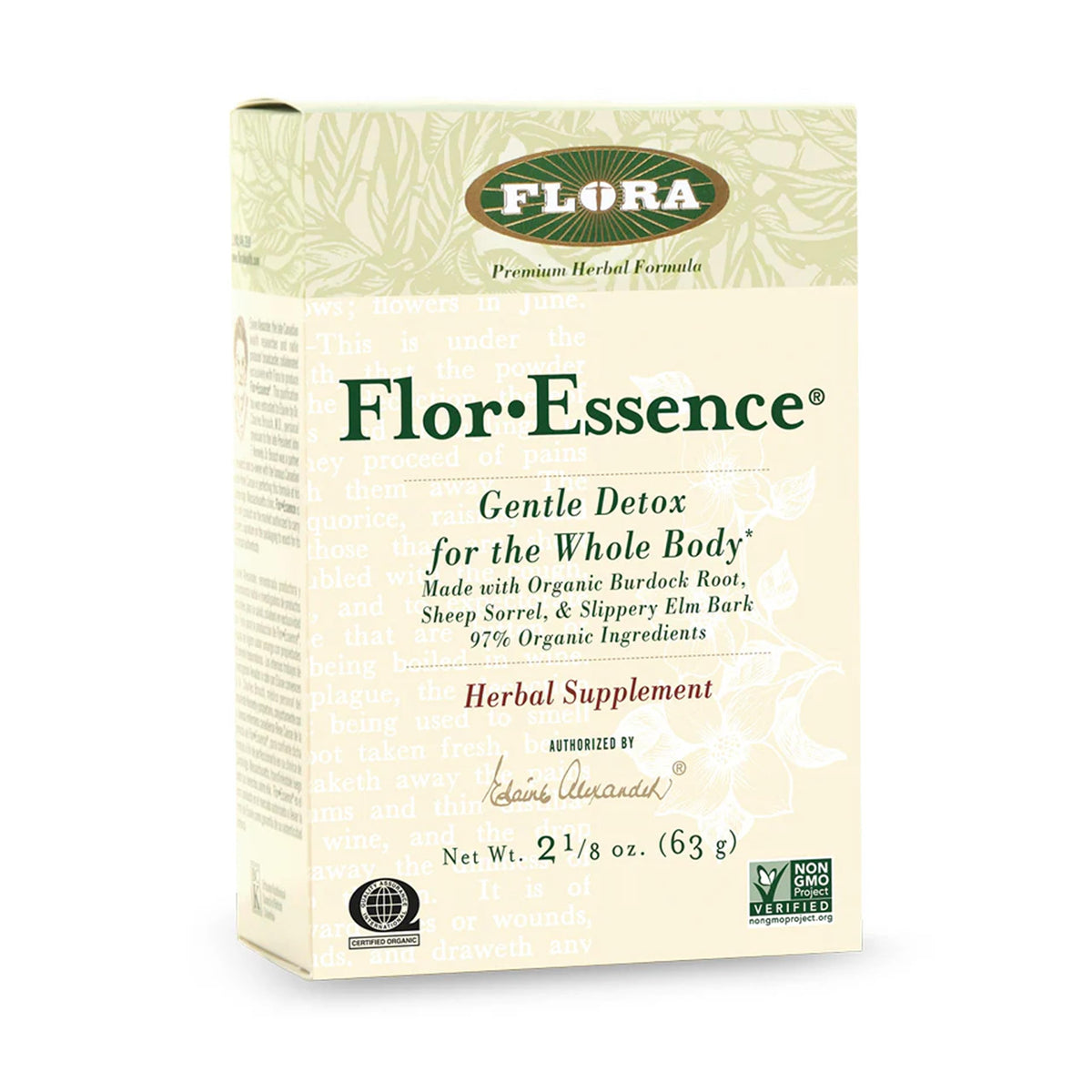 Flora FlorEssence frente del empaque mostrando diseño y tamaño