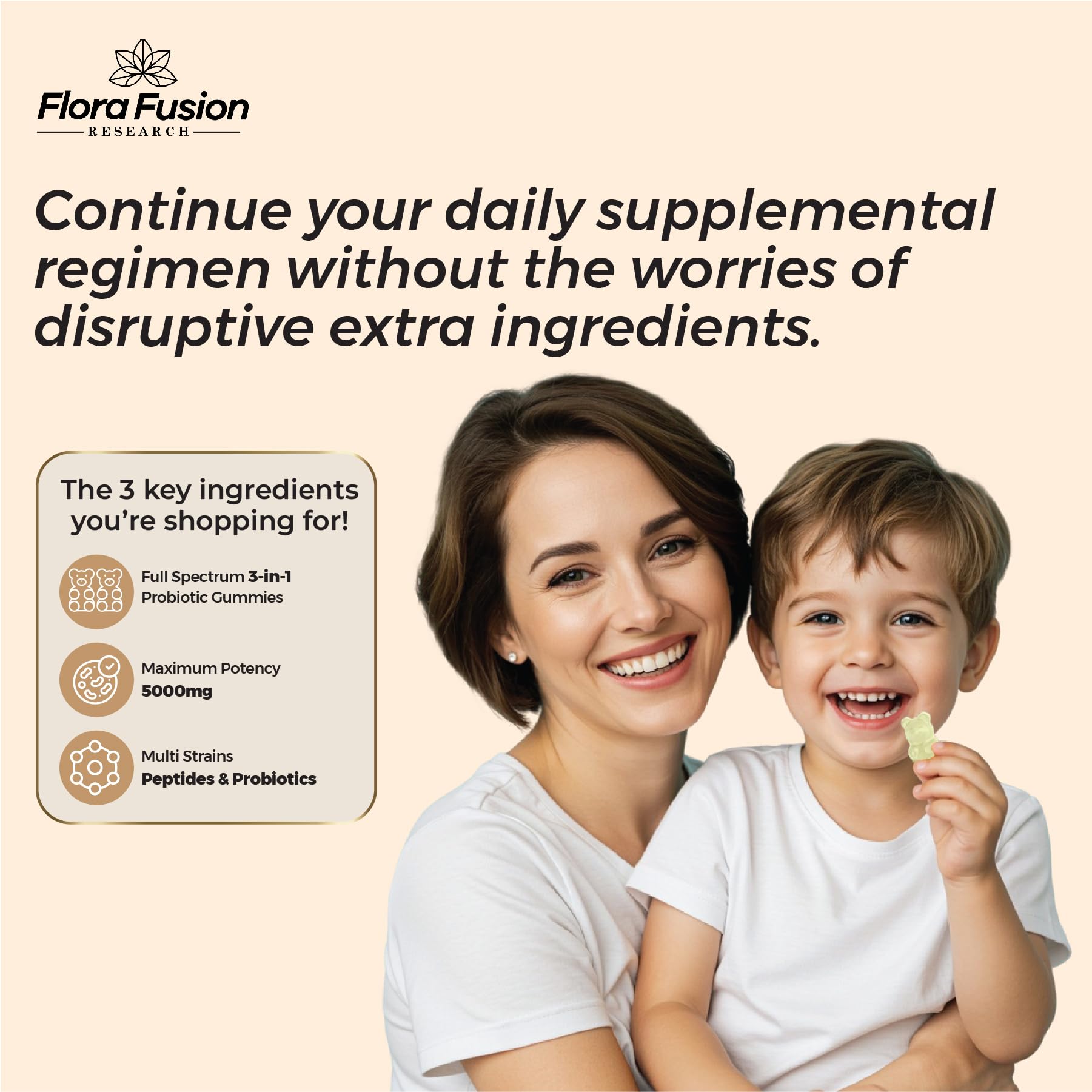 Etiqueta de ingredientes Flora Fusion Research con lista visible, transparencia y calidad