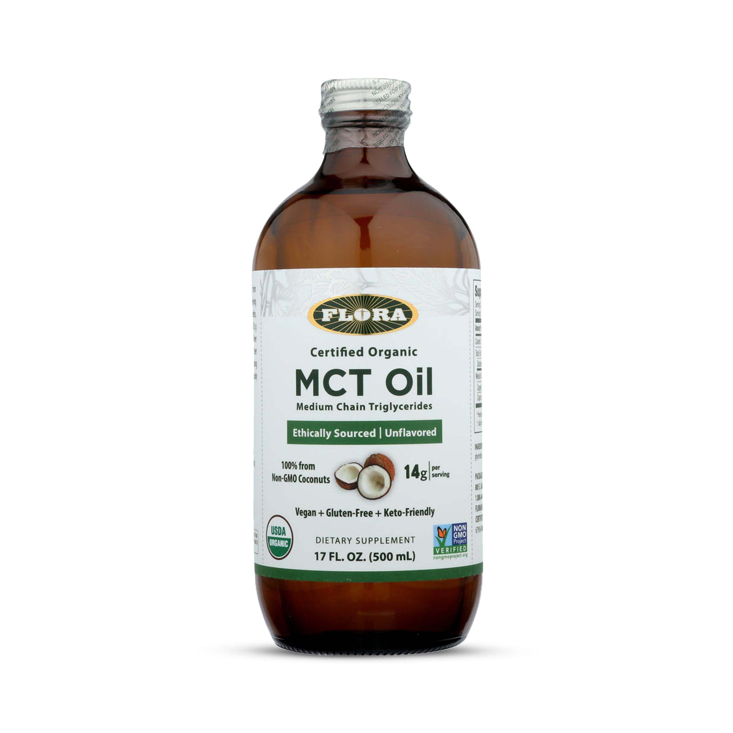 Flora MCT Oil vista frontal mostrando botella y etiqueta orgánica beneficio claro