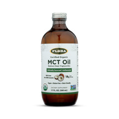 Flora MCT Oil vista frontal mostrando botella y etiqueta orgánica beneficio claro