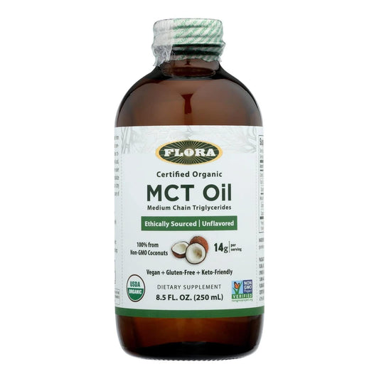 Flora MCT Oil organico en frasco de vidrio para uso diario
