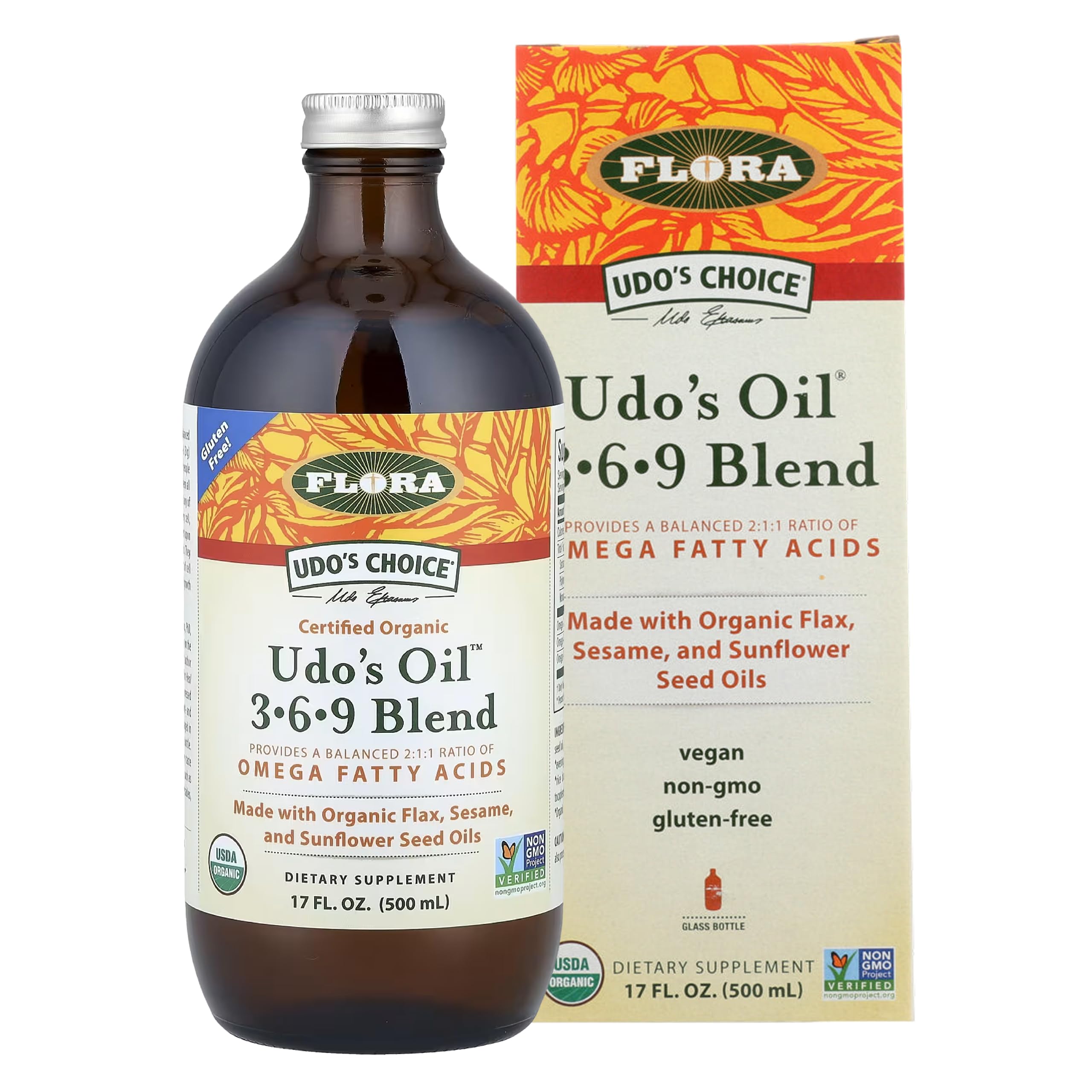 Flora Udo's Choice frente de botella en vidrio oscuro mostrando etiqueta orgánica