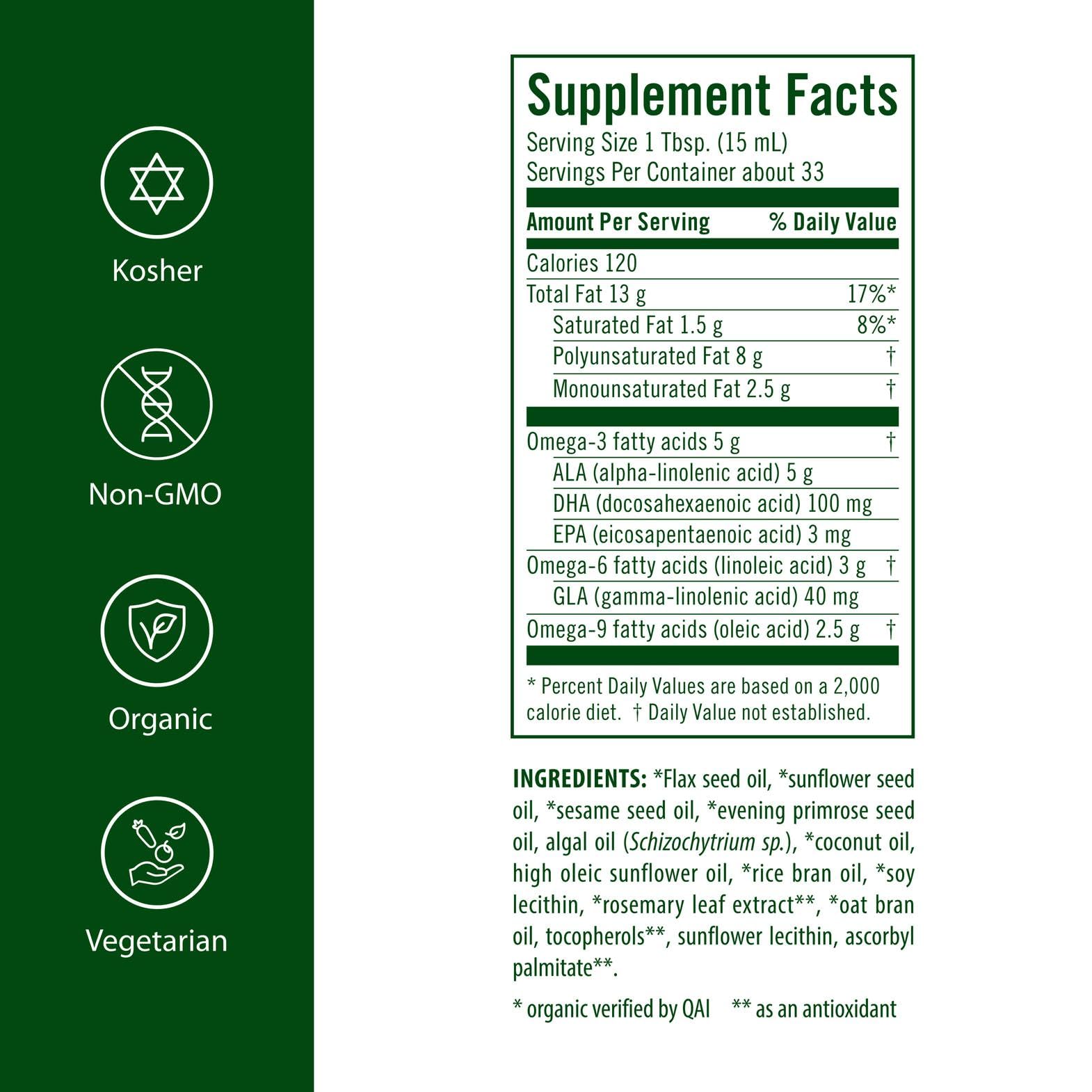 Flora Udo's Oil DHA 3-6-9, etiqueta orgánica que destaca ingredientes vegetales