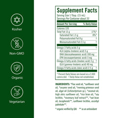 Flora Udo's Oil DHA 3-6-9, etiqueta orgánica que destaca ingredientes vegetales