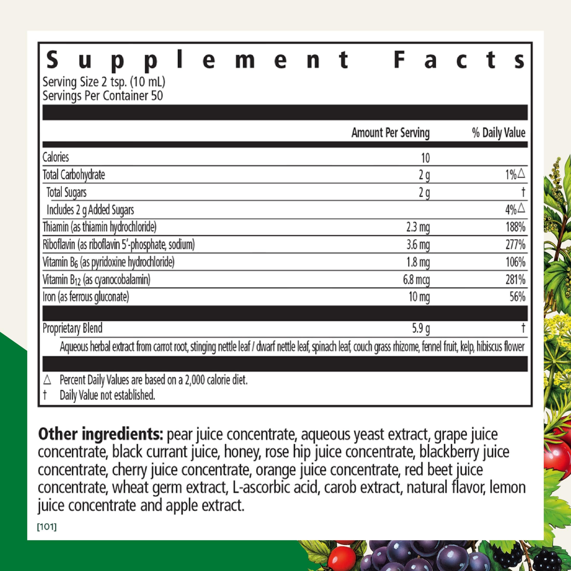 Floradix detalle de etiqueta con lista de ingredientes y beneficios claros