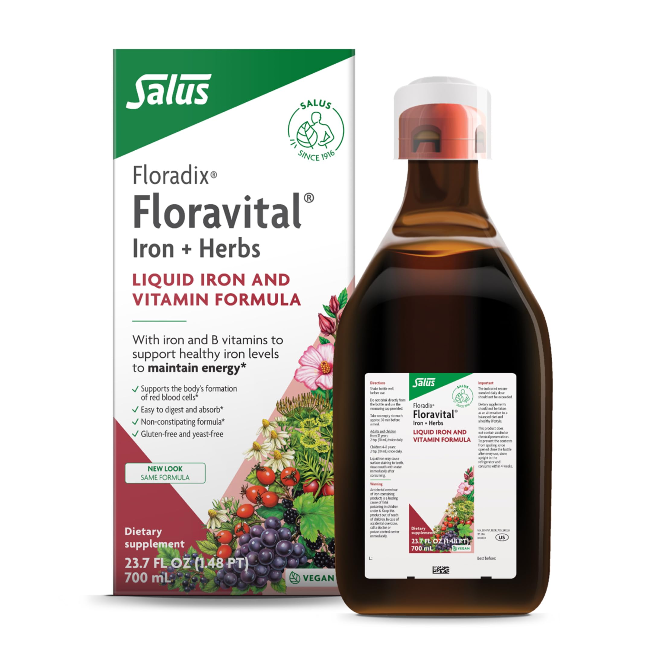 Floradix floravital frente del envase mostrando botella y etiqueta, beneficio claridad informativa