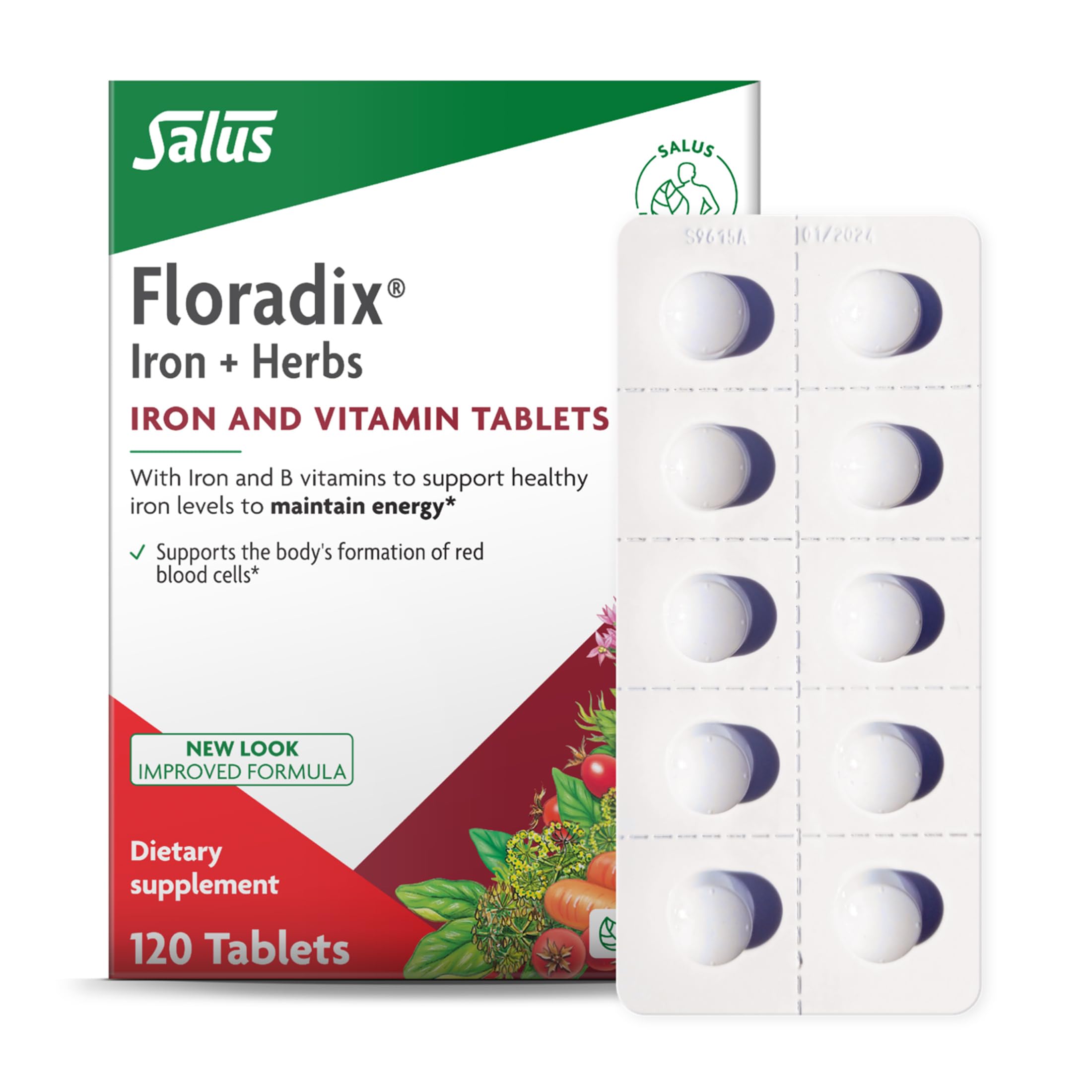 Floradix envase frontal mostrando 120 comprimidos y beneficios claros