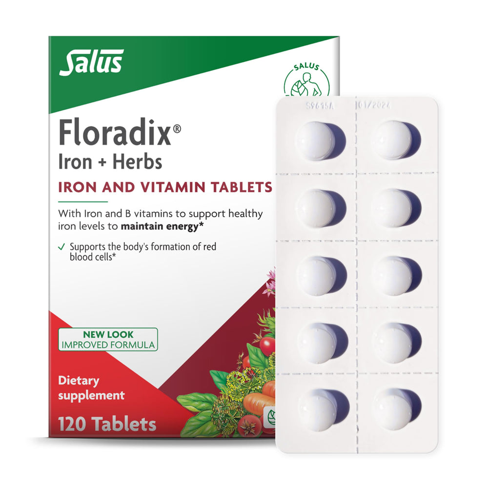 Floradix envase frontal mostrando 120 comprimidos y beneficios claros