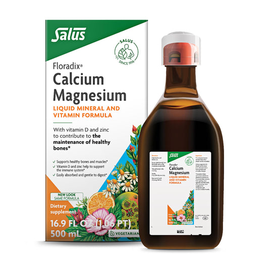 Floradix envase frontal 500 ml mostrando la marca y beneficios para huesos