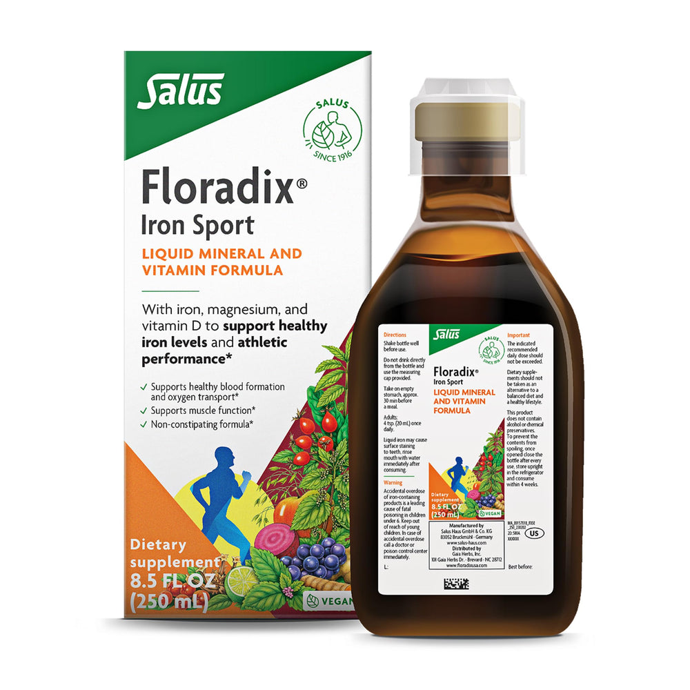 Floradix vista lateral de la botella mostrando tamaño y diseño, fácil de llevar