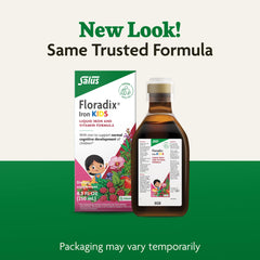 Floradix frasco junto a caja y instrucciones, beneficio: presentación completa
