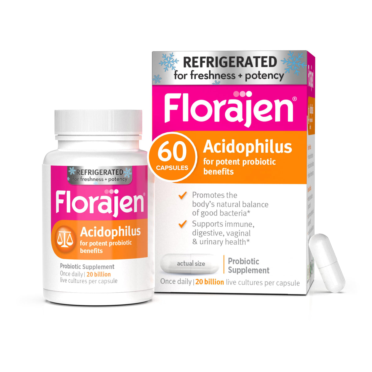 Florajen paquete frontal mostrando 60 cápsulas y sello de frío