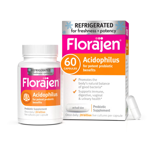 Florajen paquete frontal mostrando 60 cápsulas y sello de frío