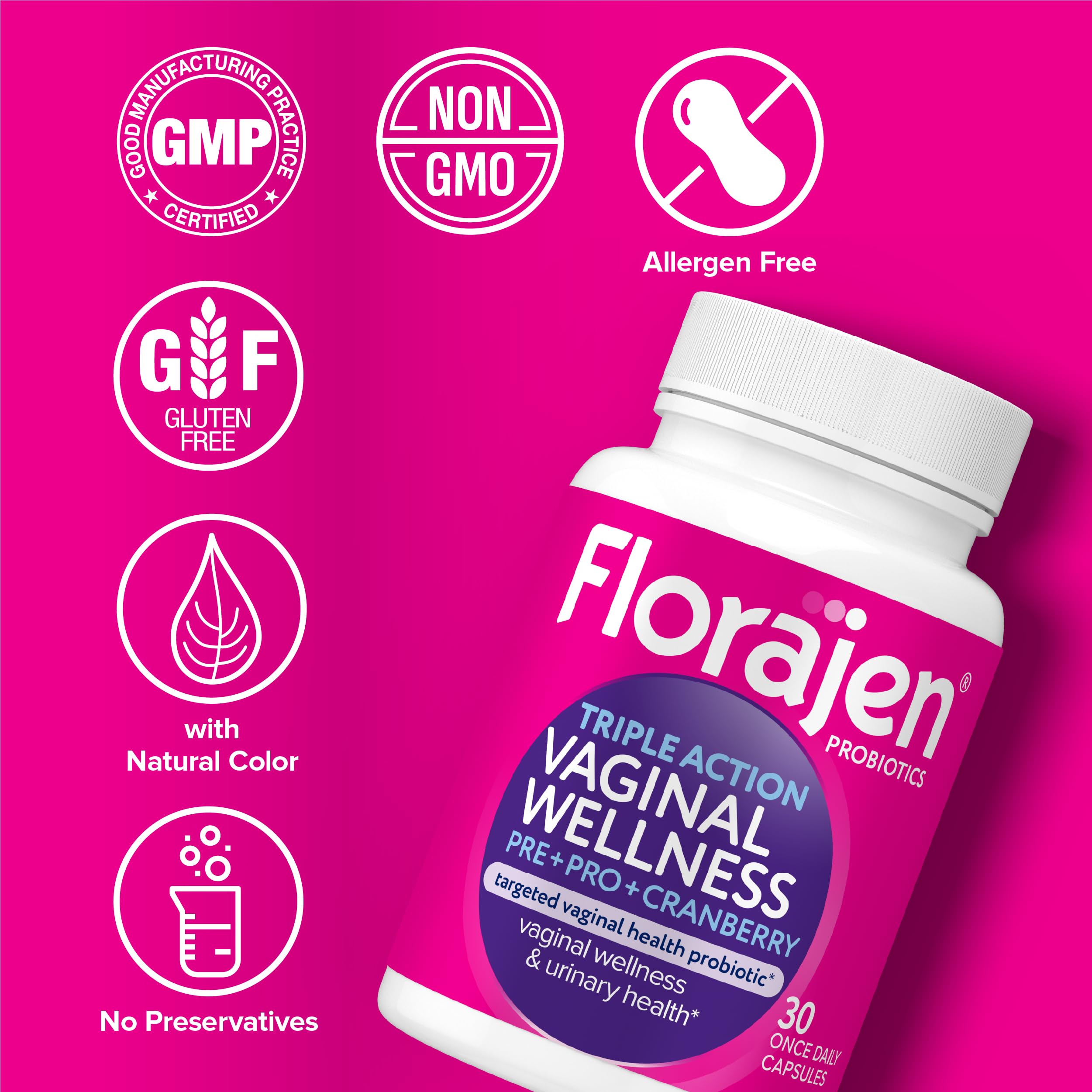 Florajen botella abierta con cápsulas visibles y fácil dosificación