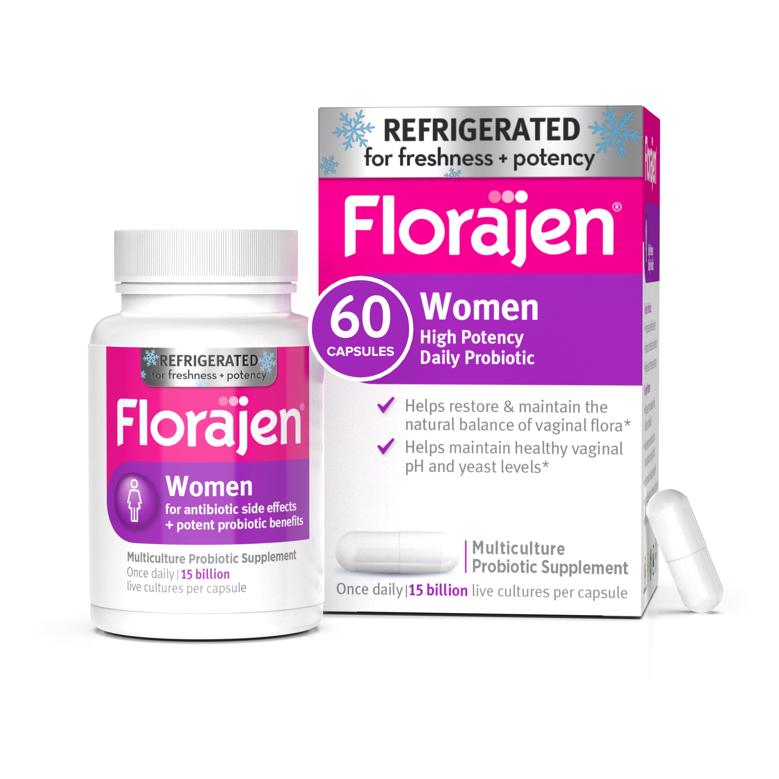 Florajen frente del empaque mostrando cápsulas y beneficios visibles