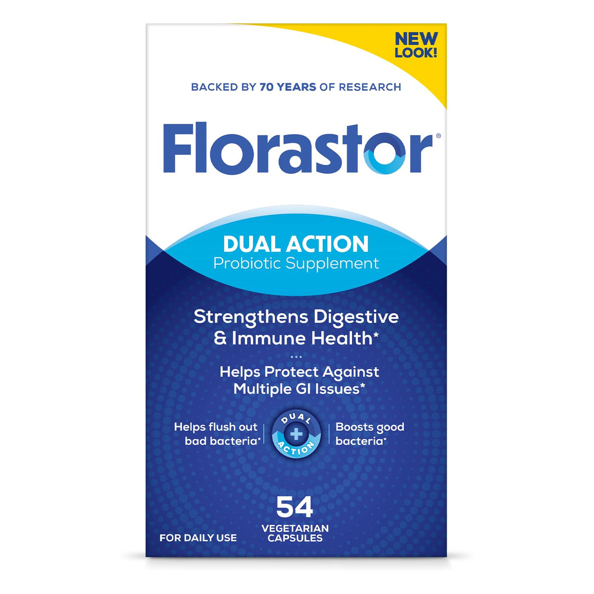 Florastor frente del empaque mostrando 54 cápsulas y beneficios digestivos