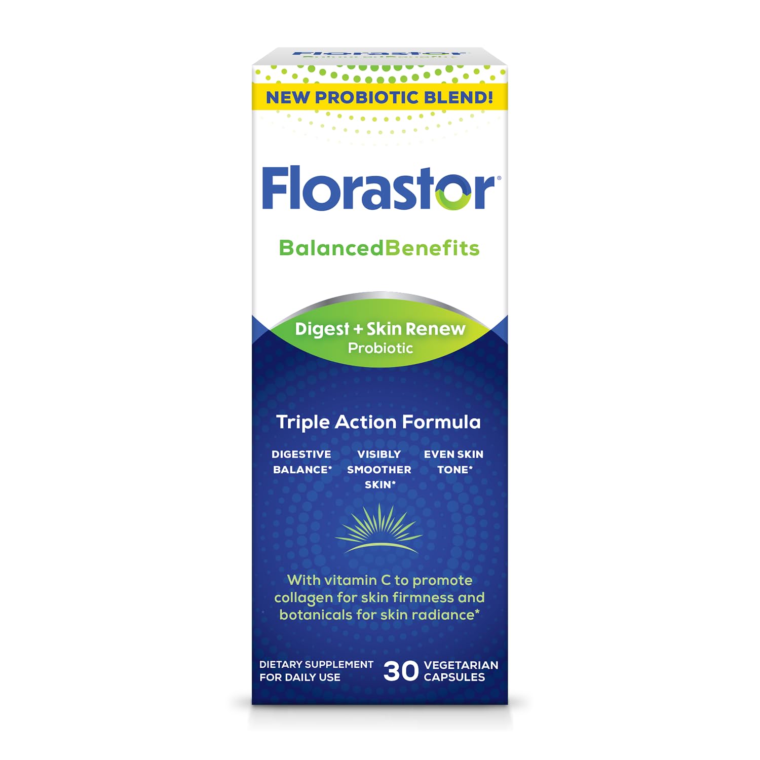 Florastor empaque frontal mostrando beneficios digestivos y cutáneos