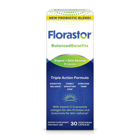 Florastor empaque frontal mostrando beneficios digestivos y cutáneos