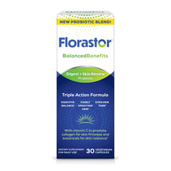 Florastor empaque frontal mostrando beneficios digestivos y cutáneos