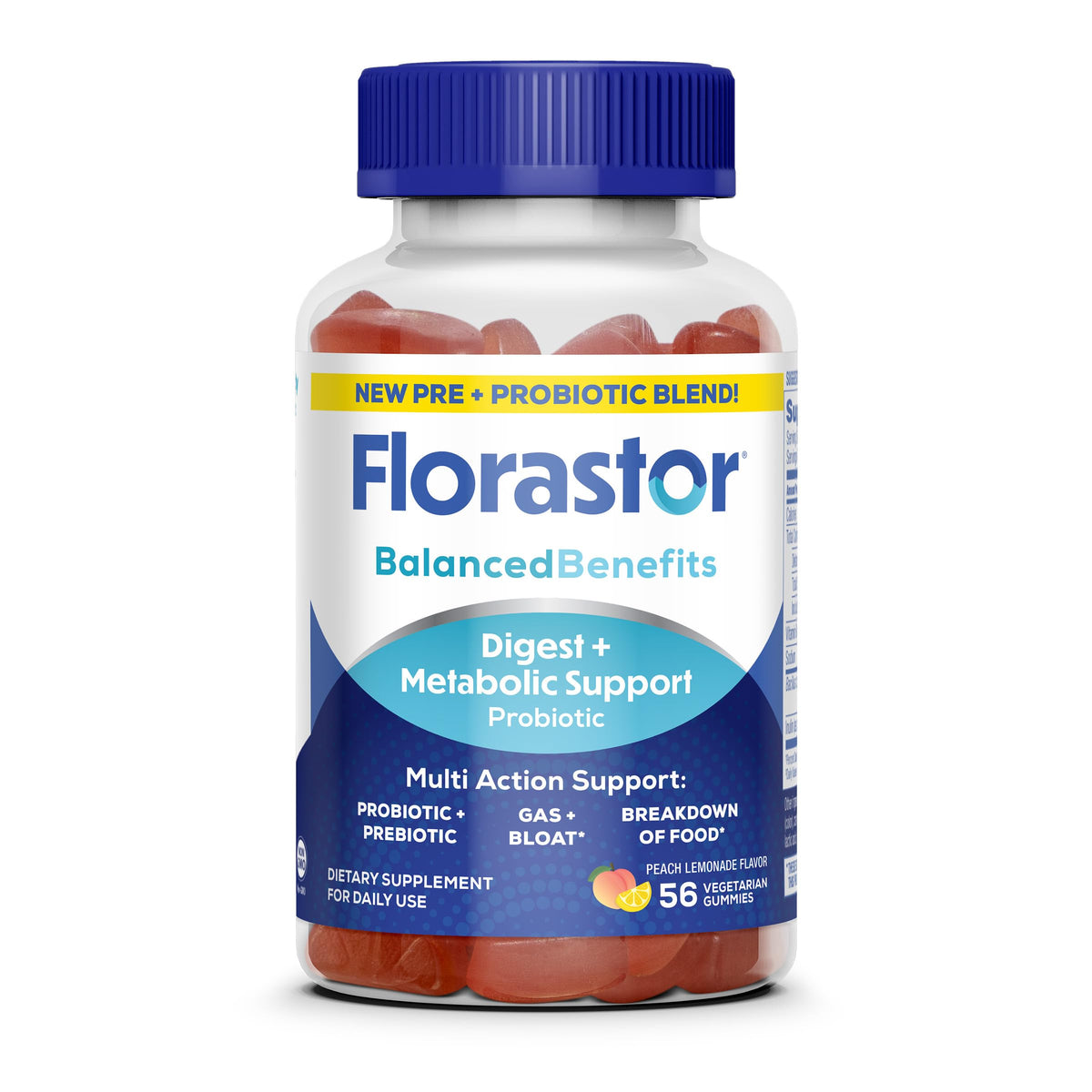 Florastor frente del empaque mostrando 56 gomitas y beneficios