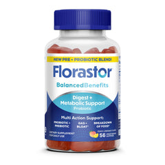 Florastor frente del empaque mostrando 56 gomitas y beneficios