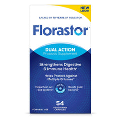 Florastor frente del empaque mostrando 54 cápsulas y beneficios digestivos