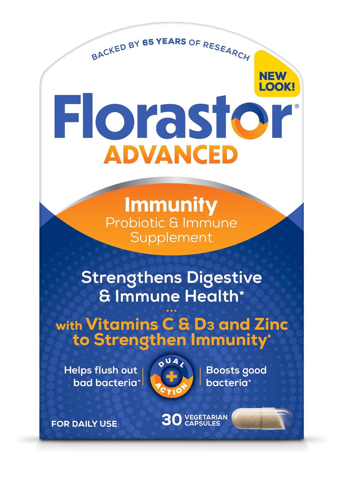 Florastor envase frontal mostrando 30 cápsulas y beneficios claros