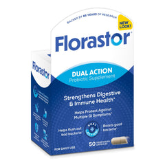 Florastor envase frontal mostrando cápsulas y beneficios digestivos